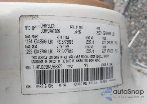 1997 Jeep Cherokee Sport из США, поврежденный, VIN 1J4FJ68S8VL559375